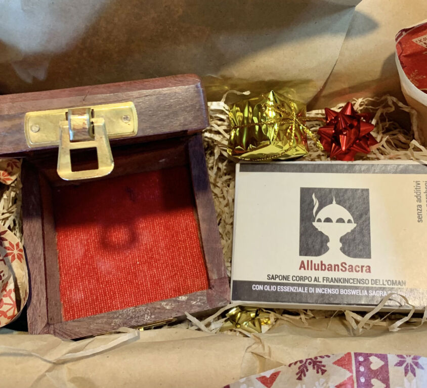 Festive Christmas Box with Oman Boswellia Sacred Frankincense and Inlaid Wood Case. AllubanSacra