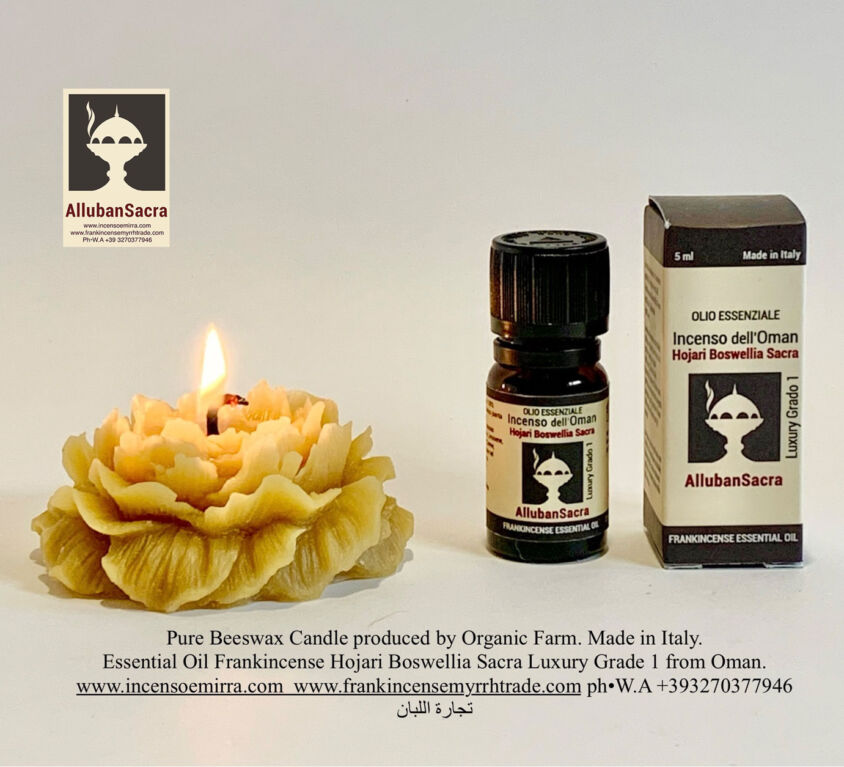 Beeswax Candle Made in Italy & Frankincense Essential Oil Boswellia Sacra Oman. AllubanSacra